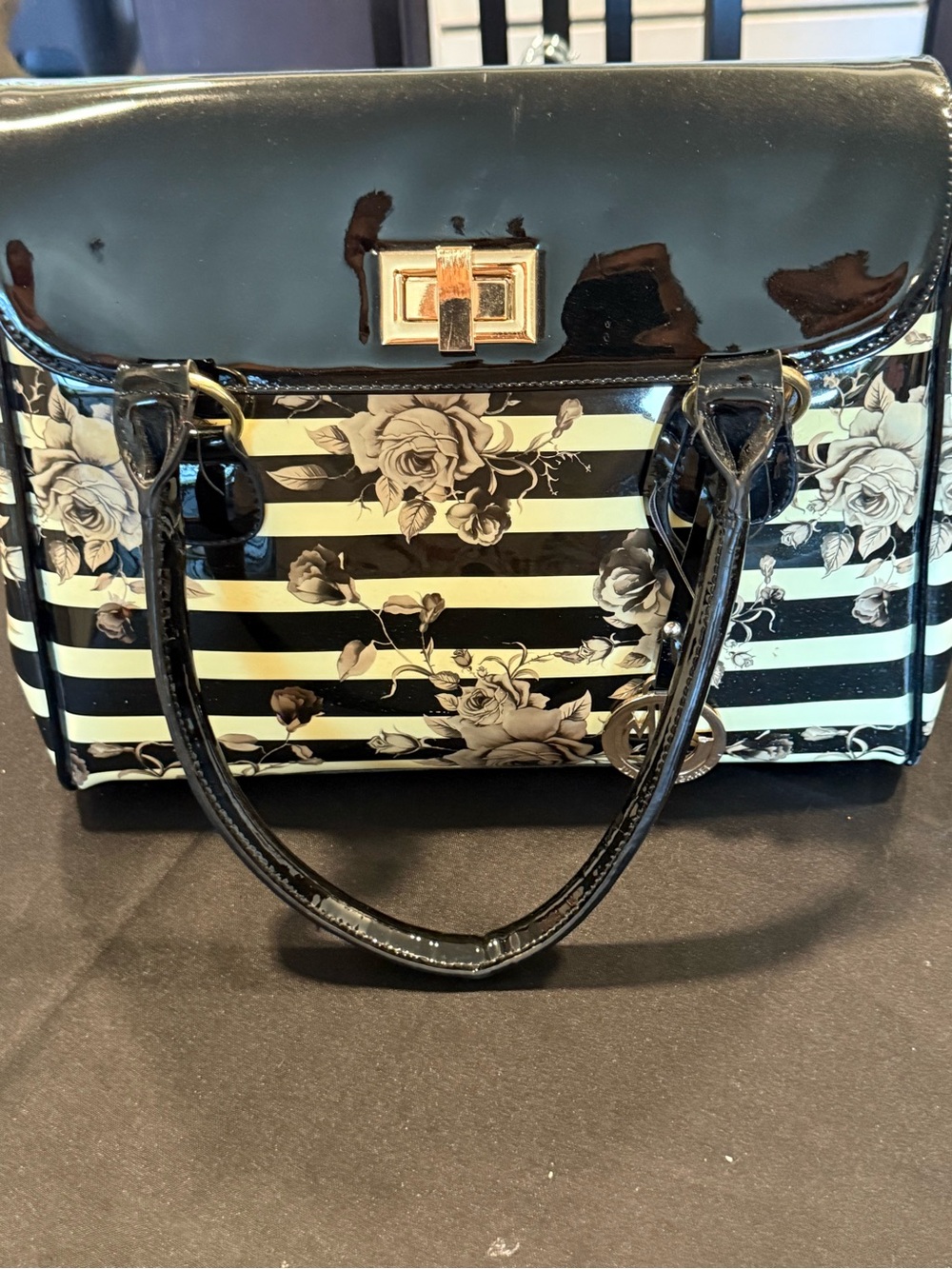 Julia & Michael Black Patent Floral striped satchel handbag purse